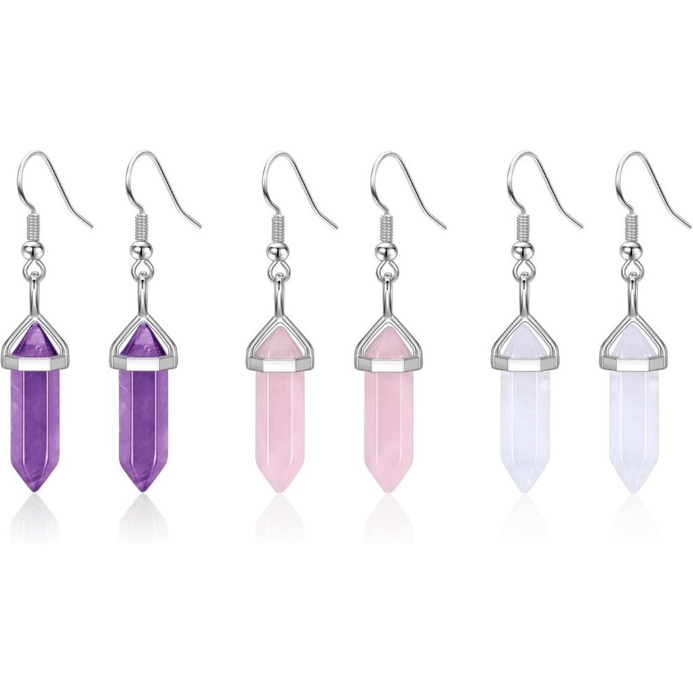 3Pairs Healing Crystals Earrings Sets for Women Natural Real Amethyst Rose Quart